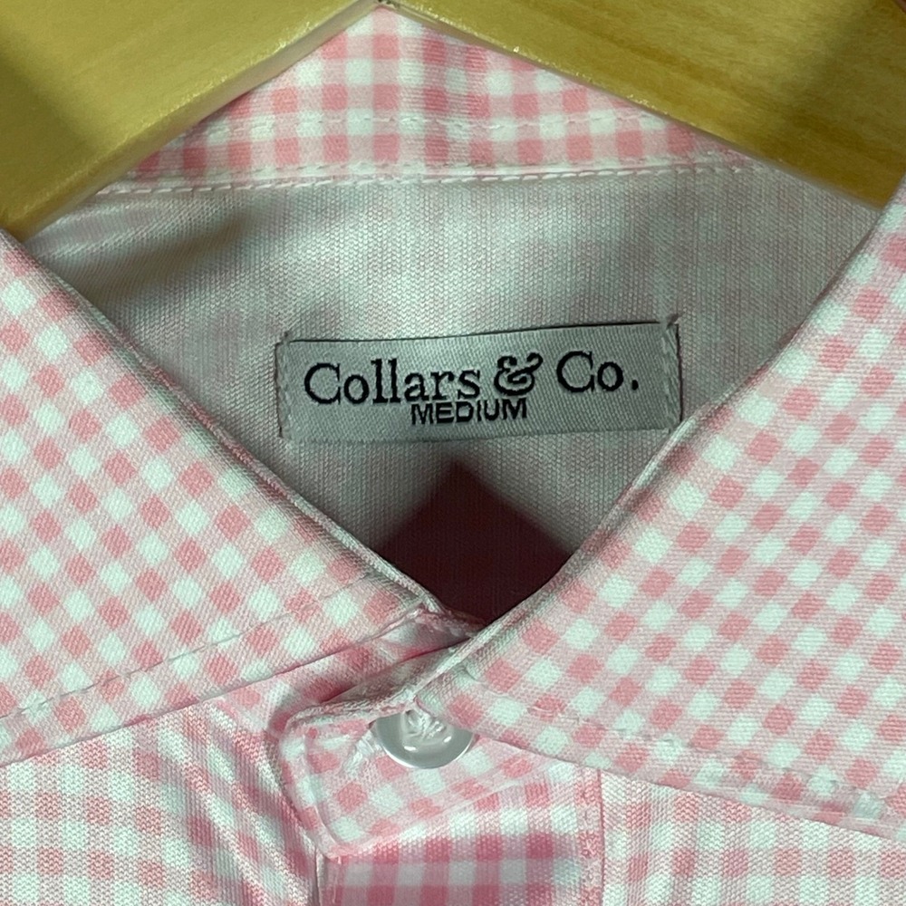Collars & Co Mens Pink Gingham Performance Polo Shirt Short Sleeve Medium - Picture 4 of 7